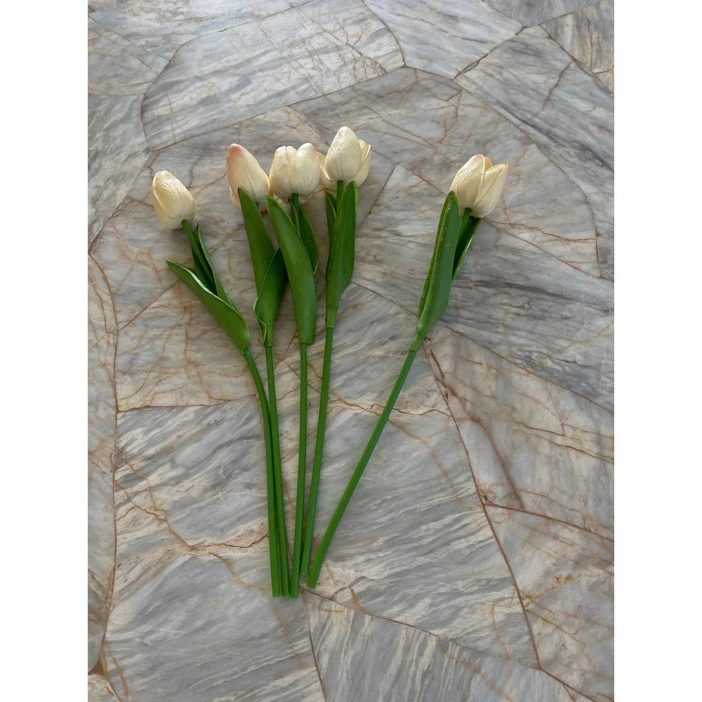 5 Piece Artificial Tulip Stems Cream Pink Faux Silk Flowers Spring Home Decor